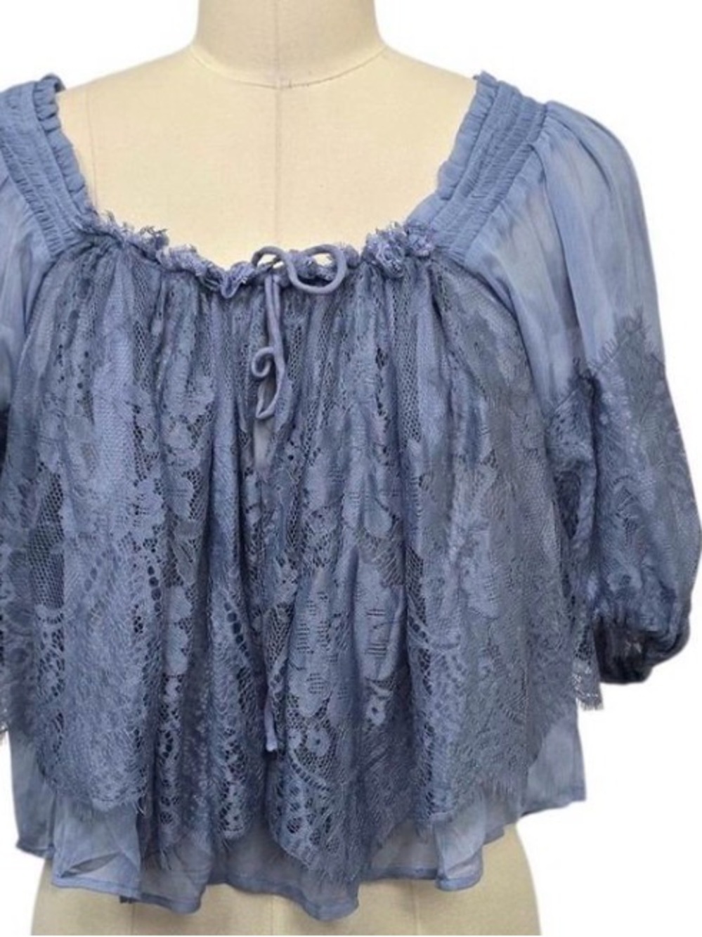 Free People Dusty Blue Lace
Chiffon Peasant Blouse Smocked Crop Top Size Small